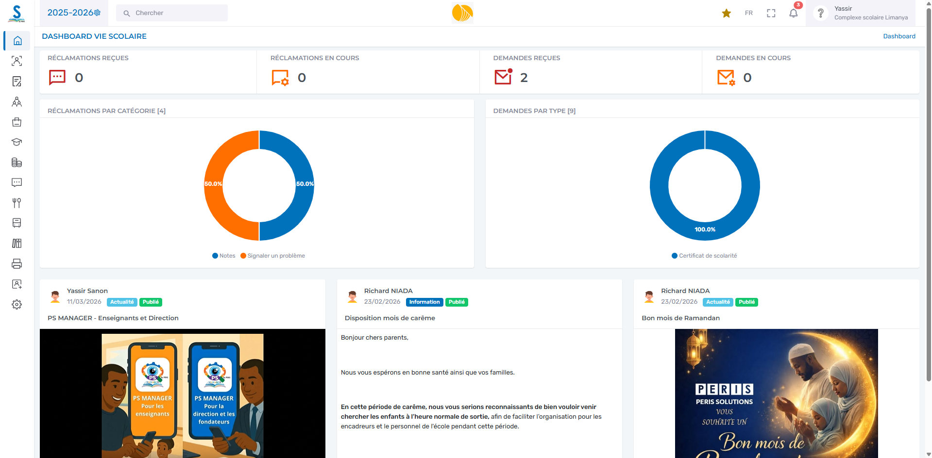 Dashboard Vie Scolaire — réclamations, demandes, publications et annonces parents